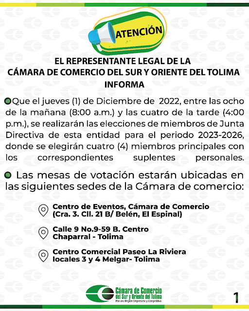 El representante legal de la cámara de comercio del sur y oriente del Tolima